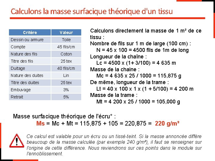 Calculons la masse surfacique théorique d'un tissu Critère Dessin ou armure Compte Valeur Toile