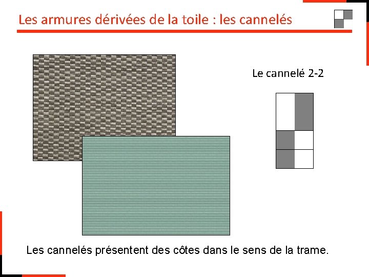 Les armures dérivées de la toile : les cannelés Le cannelé 2 -2 Les