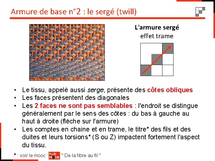 Armure de base n° 2 : le sergé (twill) L'armure sergé effet trame •