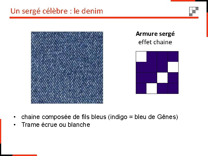 Un sergé célèbre : le denim Armure sergé effet chaine • chaine composée de