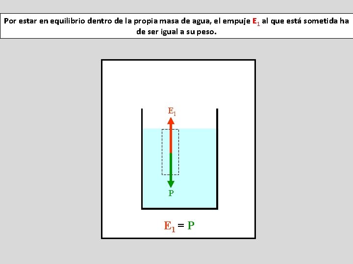 Por estar en equilibrio dentro de la propia masa de agua, el empuje E