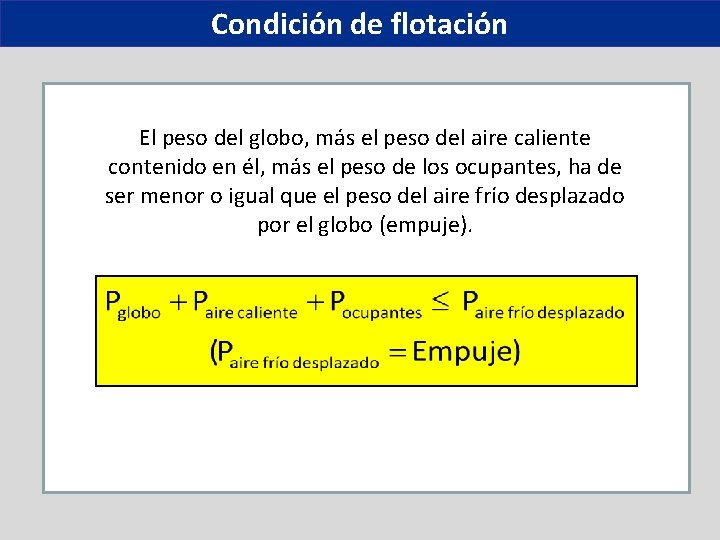 Condición de flotación El peso del globo, más el peso del aire caliente contenido