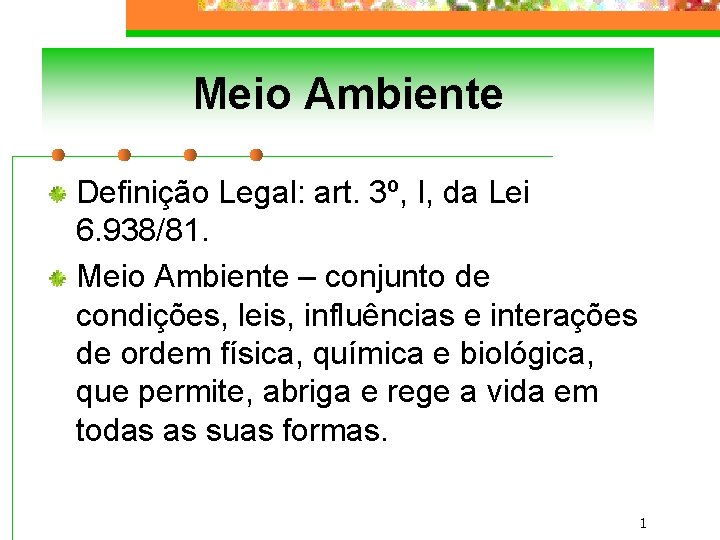 Meio Ambiente Definição Legal: art. 3º, I, da Lei 6. 938/81. Meio Ambiente –