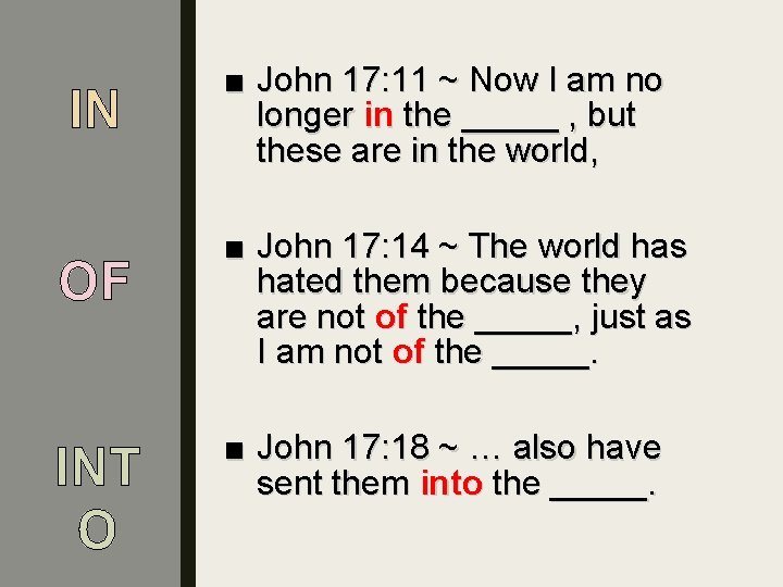 IN ■ John 17: 11 ~ Now I am no longer in the _____