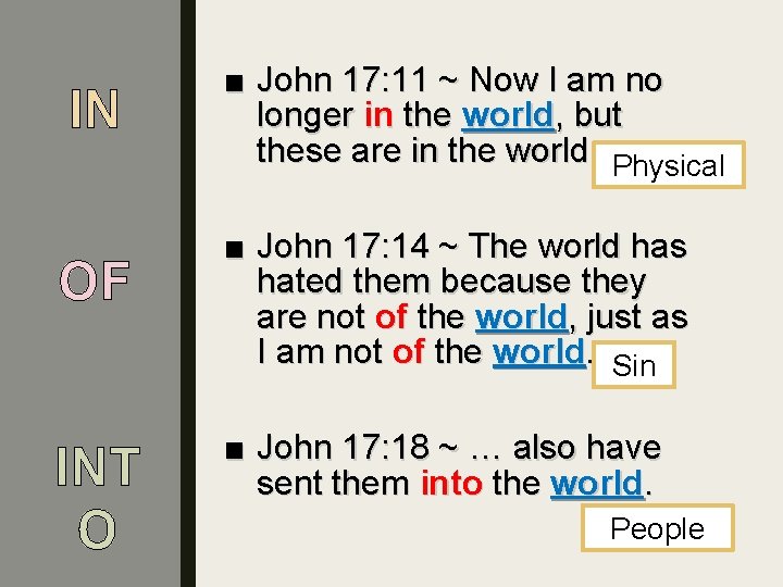 IN OF INT O ■ John 17: 11 ~ Now I am no longer