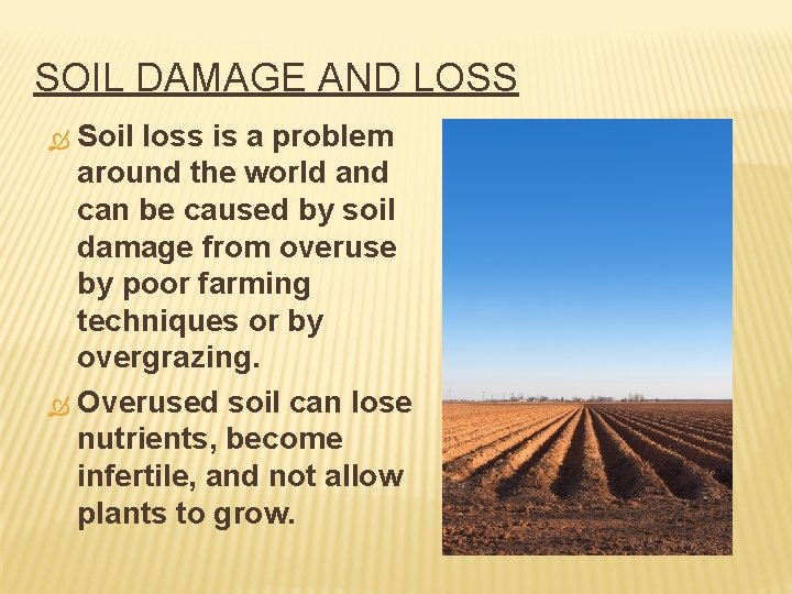SOIL DAMAGE AND LOSS Soil loss is a problem around the world and can