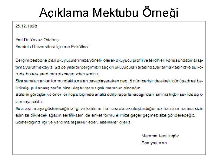 Açıklama Mektubu Örneği 