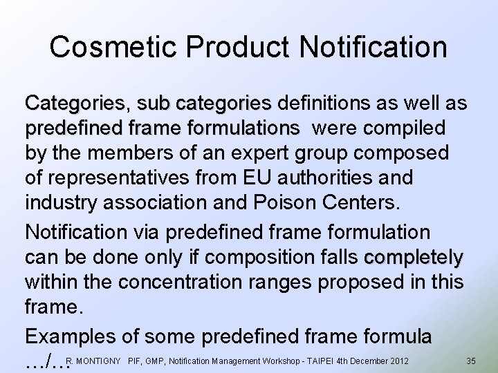 Cosmetic Product Notification Categories, Categories sub categories definitions as well as sub categories predefined