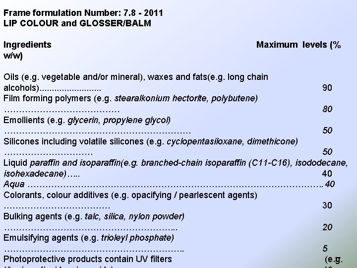 Frame formulation Number: 7. 8 - 2011 LIP COLOUR and GLOSSER/BALM Ingredients w/w) Maximum