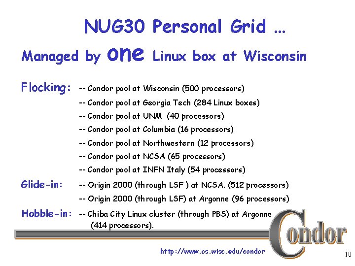 NUG 30 Personal Grid … Managed by Flocking: one Linux box at Wisconsin --