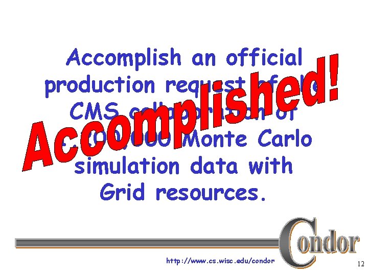 Accomplish an official production request of the CMS collaboration of 1, 200, 000 Monte