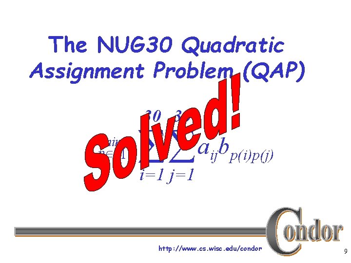 The NUG 30 Quadratic Assignment Problem (QAP) 30 30 min p a b ij