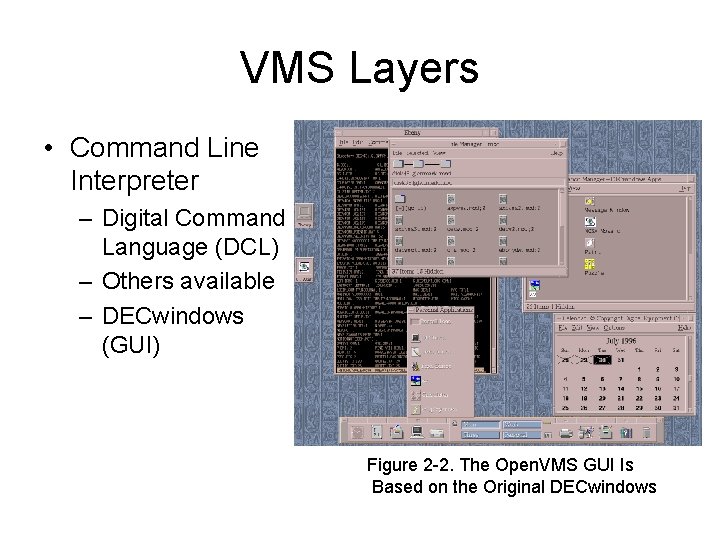 VMS Layers • Command Line Interpreter – Digital Command Language (DCL) – Others available