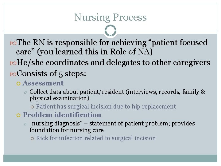 Nursing Process The RN is responsible for achieving “patient focused care” (you learned this