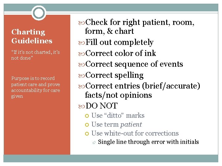  Check for right patient, room, Charting Guidelines “If it’s not charted, it’s not