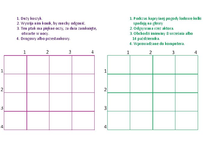 1. Duży koszyk. 2. Wywija nim konik, by muchy odgonić. 3. Ten ptak ma