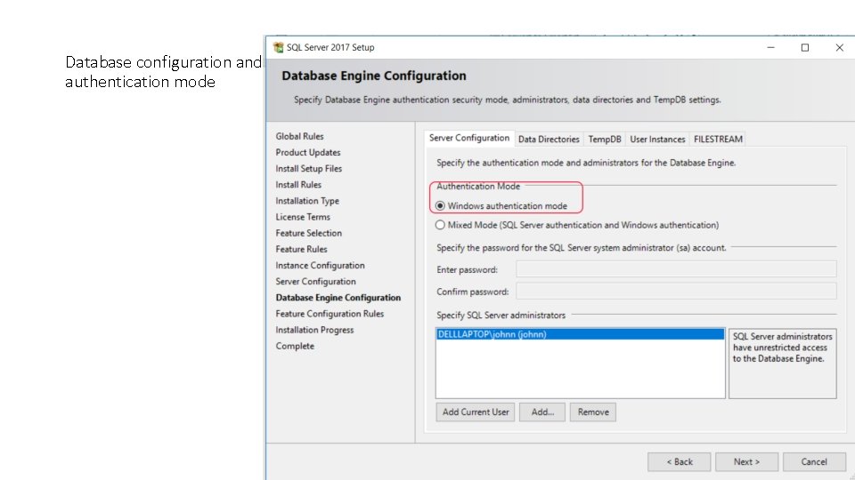 Database configuration and authentication mode 