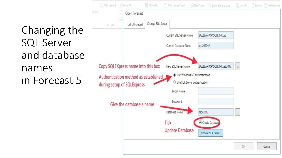 Changing the SQL Server and database names in Forecast 5 