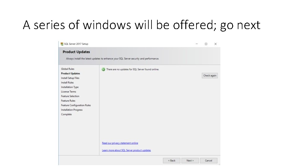 A series of windows will be offered; go next 