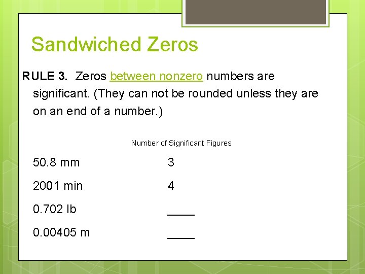 Sandwiched Zeros RULE 3. Zeros between nonzero numbers are significant. (They can not be Sandwiched Zeros RULE 3. Zeros between nonzero numbers are significant. (They can not be