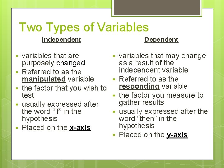 Two Types of Variables Independent § § § variables that are purposely changed Referred Two Types of Variables Independent § § § variables that are purposely changed Referred