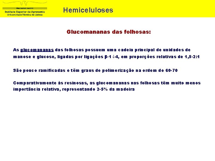Hemiceluloses Glucomananas das folhosas: As glucomananas das folhosas possuem uma cadeia principal de unidades