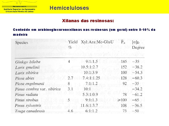 Hemiceluloses Xilanas das resinosas: Conteúdo em arabinoglucuronoxilanas resinosas (em geral) entre 5 -10% da