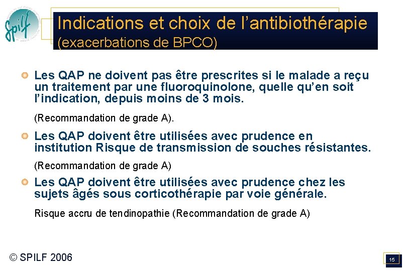 Indications et choix de l’antibiothérapie (exacerbations de BPCO) Les QAP ne doivent pas être Indications et choix de l’antibiothérapie (exacerbations de BPCO) Les QAP ne doivent pas être