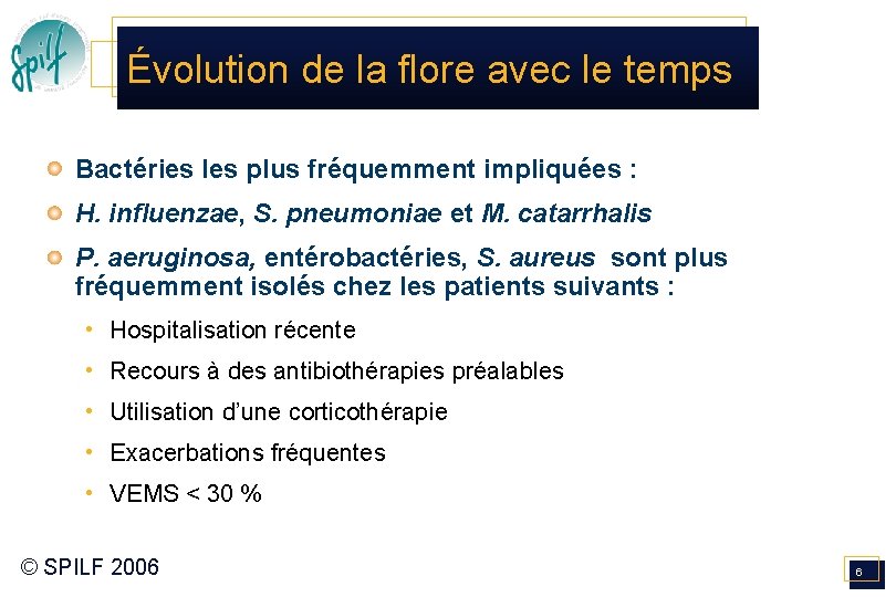 Évolution de la flore avec le temps Bactéries les plus fréquemment impliquées : H.