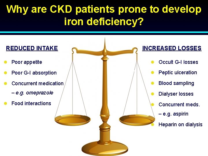 Why are CKD patients prone to develop iron deficiency? REDUCED INTAKE INCREASED LOSSES l