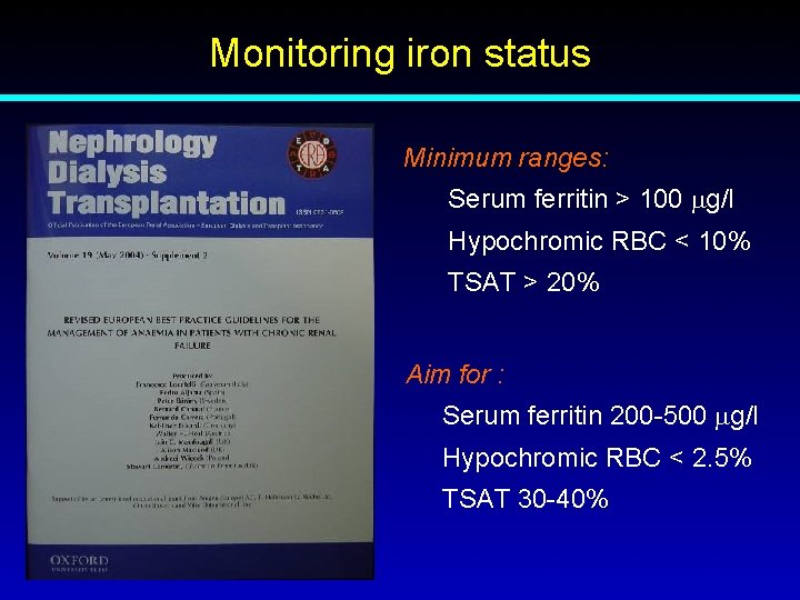 Monitoring iron status Minimum ranges: Serum ferritin > 100 g/l Hypochromic RBC < 10%