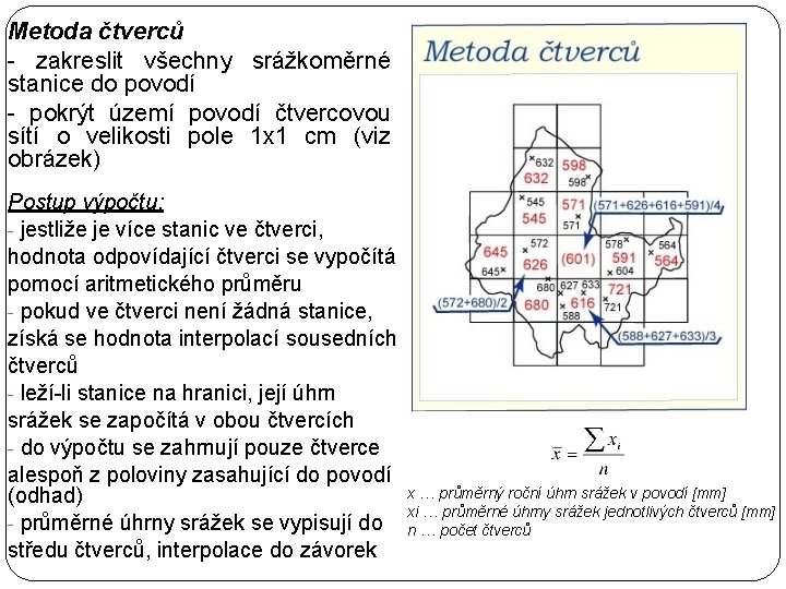 Metoda čtverců - zakreslit všechny srážkoměrné stanice do povodí - pokrýt území povodí čtvercovou