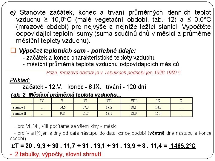 e) Stanovte začátek, konec a trvání průměrných denních teplot vzduchu ≥ 10, 0°C (malé