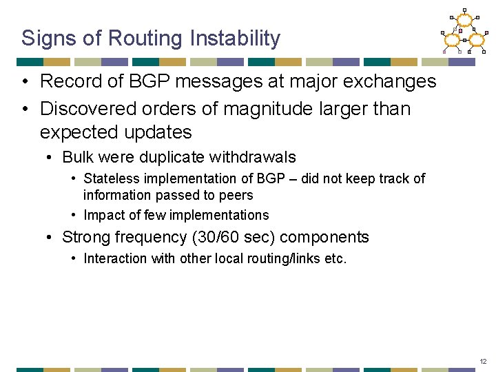 Signs of Routing Instability • Record of BGP messages at major exchanges • Discovered