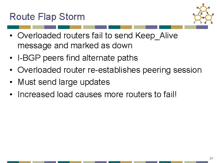 Route Flap Storm • Overloaded routers fail to send Keep_Alive message and marked as