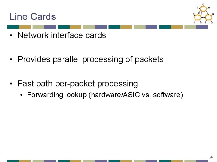 Line Cards • Network interface cards • Provides parallel processing of packets • Fast