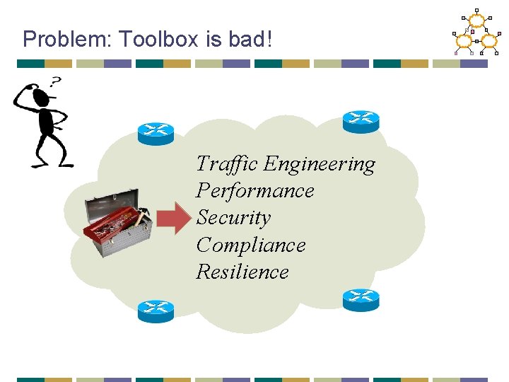 Problem: Toolbox is bad! Traffic Engineering Performance Security Compliance Resilience 
