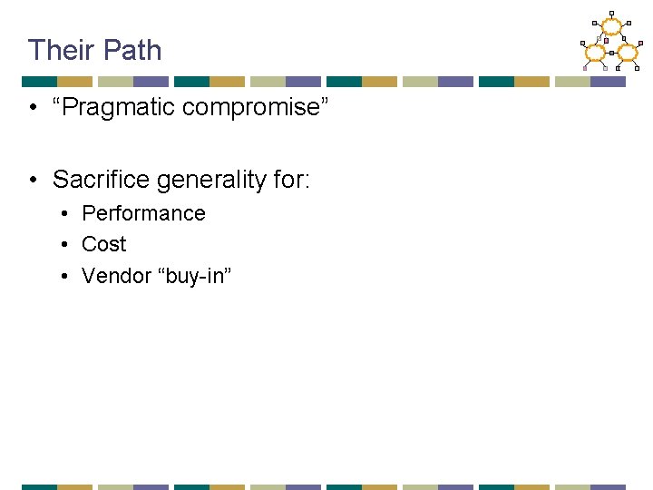 Their Path • “Pragmatic compromise” • Sacrifice generality for: • Performance • Cost •