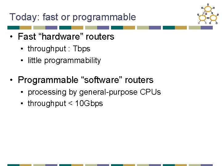 Today: fast or programmable • Fast “hardware” routers • throughput : Tbps • little