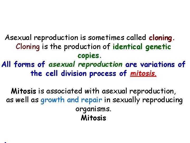 Asexual reproduction is sometimes called cloning. Cloning is the production of identical genetic copies.