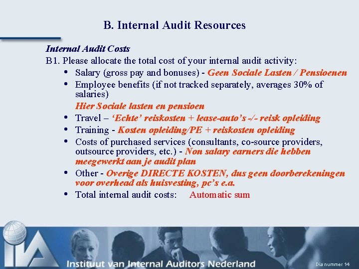 B. Internal Audit Resources Internal Audit Costs B 1. Please allocate the total cost