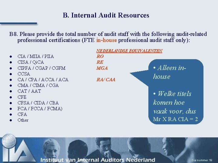 B. Internal Audit Resources B 8. Please provide the total number of audit staff