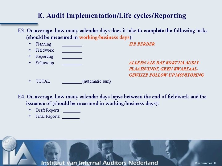 E. Audit Implementation/Life cycles/Reporting E 3. On average, how many calendar days does it