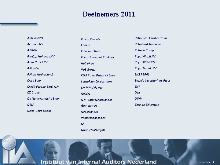 Deelnemers 2011 ABN AMRO Eneco Energie Rabo Real Estate Group Achmea NV Enexis Rabobank