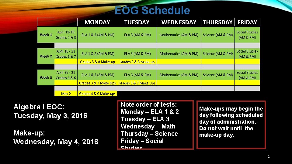 EOG Schedule Algebra I EOC: Tuesday, May 3, 2016 Make-up: Wednesday, May 4, 2016