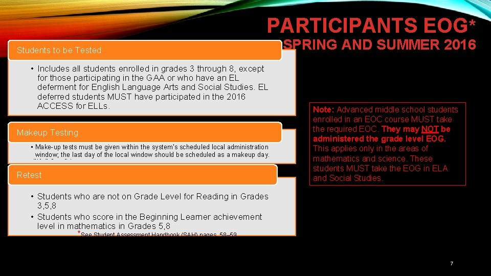 PARTICIPANTS EOG* Students to be Tested • Includes all students enrolled in grades 3