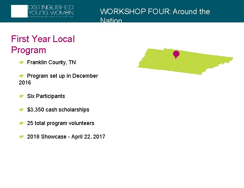 WORKSHOP FOUR: Around the Nation First Year Local Program ☛ Franklin County, TN ☛