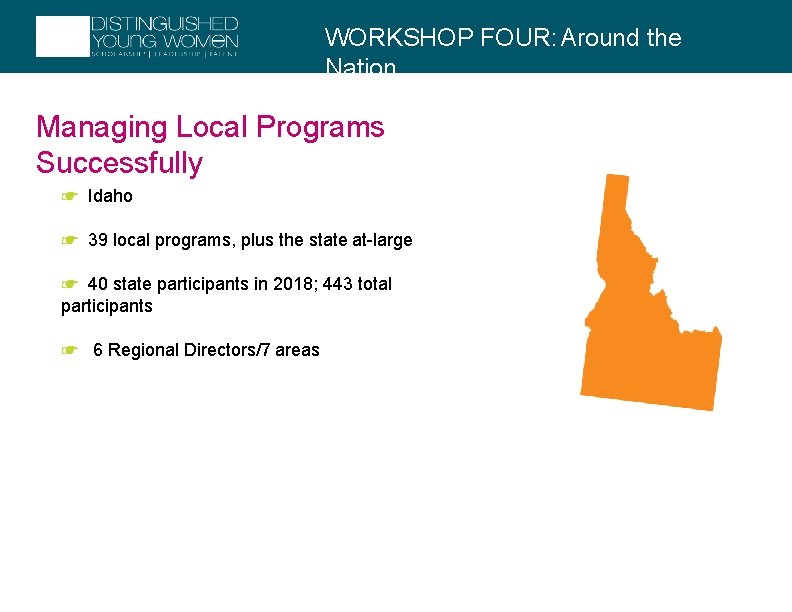 WORKSHOP FOUR: Around the Nation Managing Local Programs Successfully ☛ Idaho ☛ 39 local