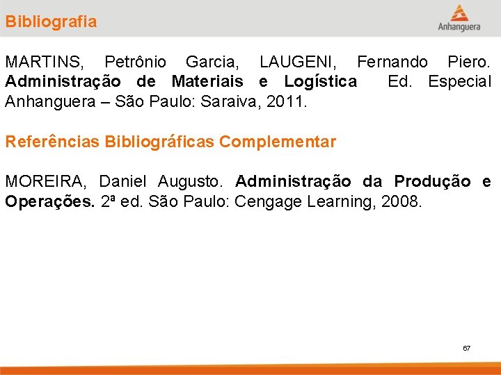 Bibliografia MARTINS, Petrônio Garcia, LAUGENI, Fernando Piero. Administração de Materiais e Logística Ed. Especial