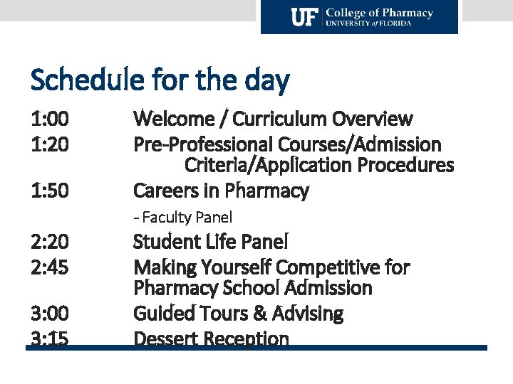 Schedule for the day 1: 00 1: 20 1: 50 Welcome / Curriculum Overview